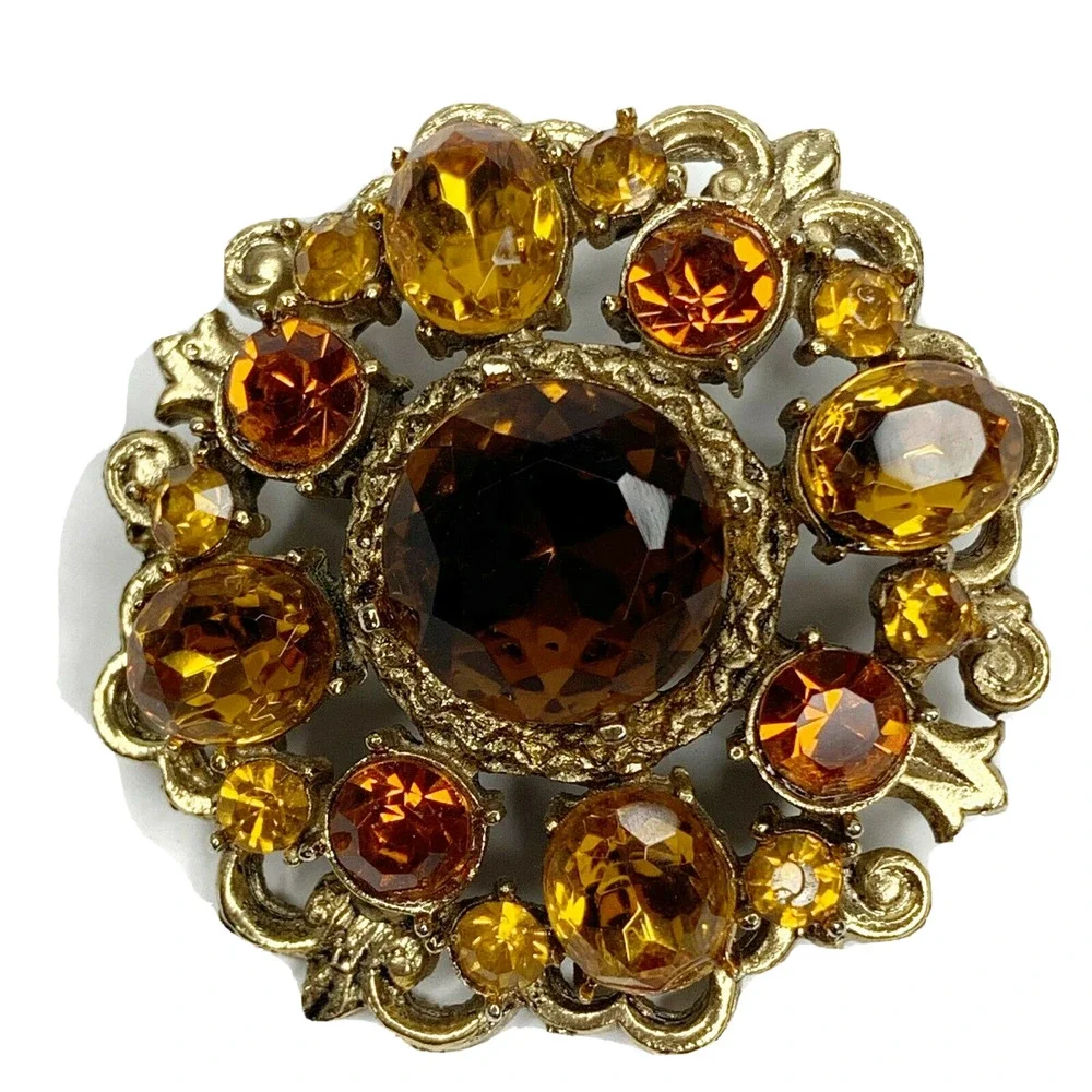 Vintage Amber Rhinestone Flower Brooch Pin - Picture 2 of 5